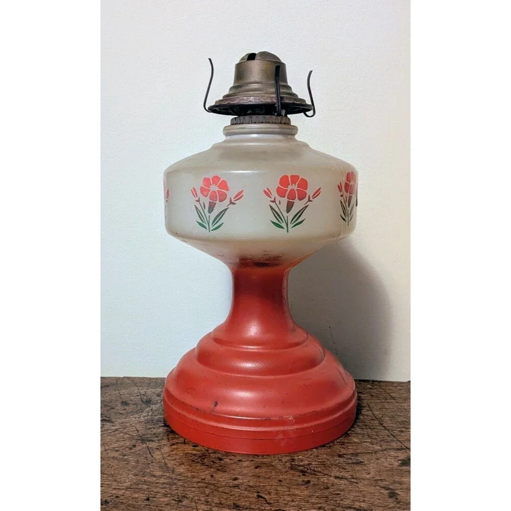 Vintage Red Frosted Glass Kerosene Oil Lamp Cold Painted Floral with Chimney 18